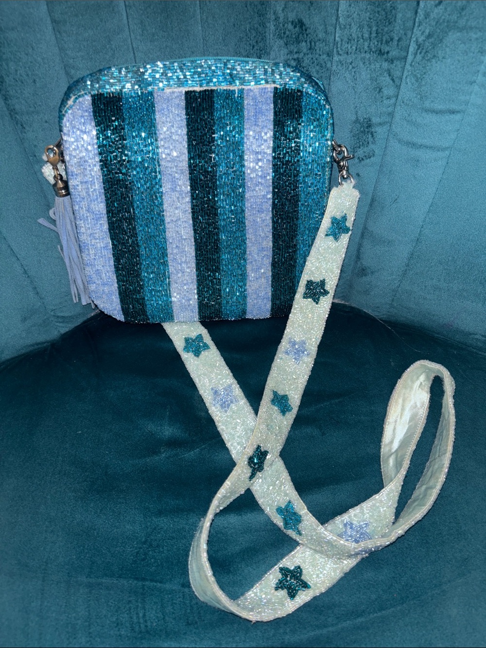 Moyna Beaded Star Stripe Crossbody in Teal and Light Blue - Picture 4 of 4